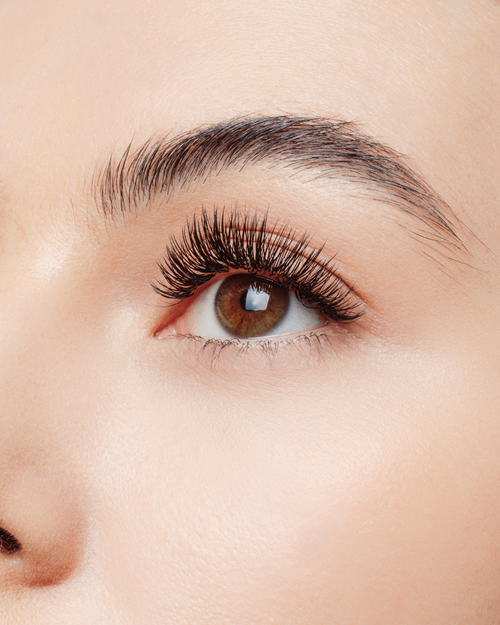 A close up of a model's eye with eyelash extensions.