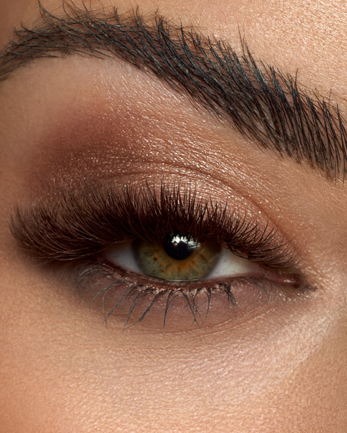 A close up of a model's eye with Brunette eyelash extensions.