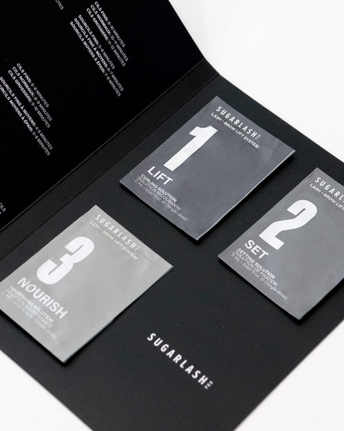 Lift, Set, and Nourish sachets Inside of Lash and eyebrow Lamination Sample Kit.