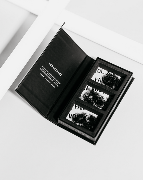 An open tray of VOL-X Loose Pre-made lash extension Fans.