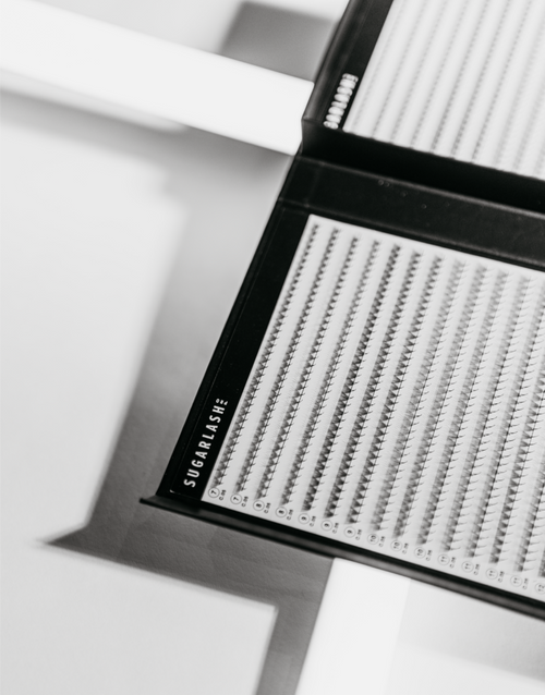 An open tray of VOL-X Narrow Pre-made Lash Extensions Fans laid out.