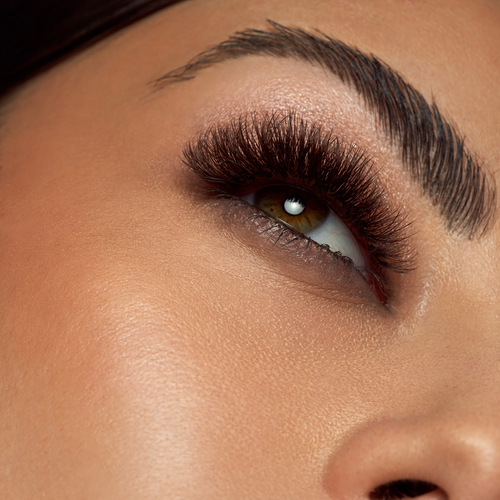 Close up of an eye looking upward with brown lash extensions